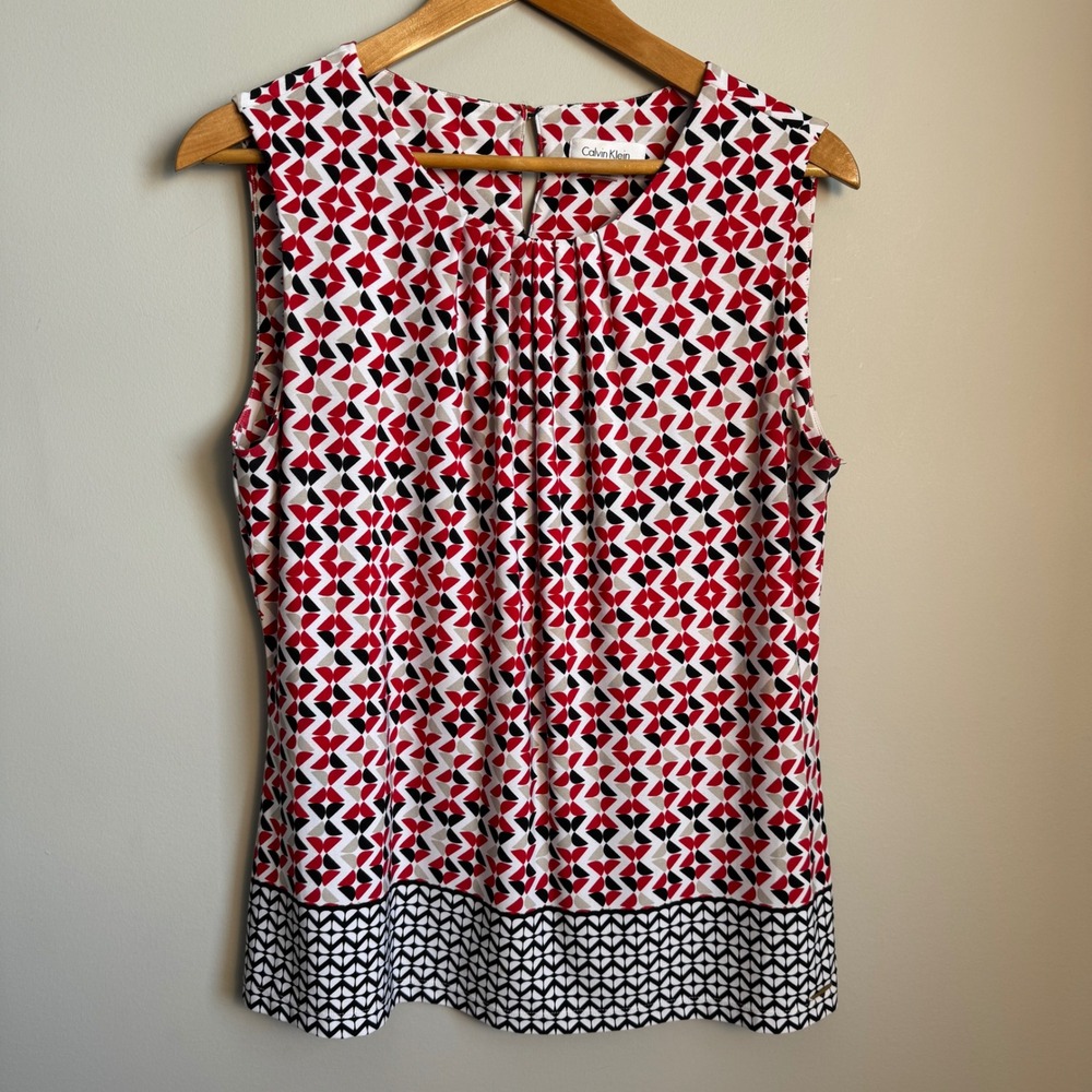 Calvin Klein Sleeveless Geometric Print Blouse Top XL Red‎ Black White Career